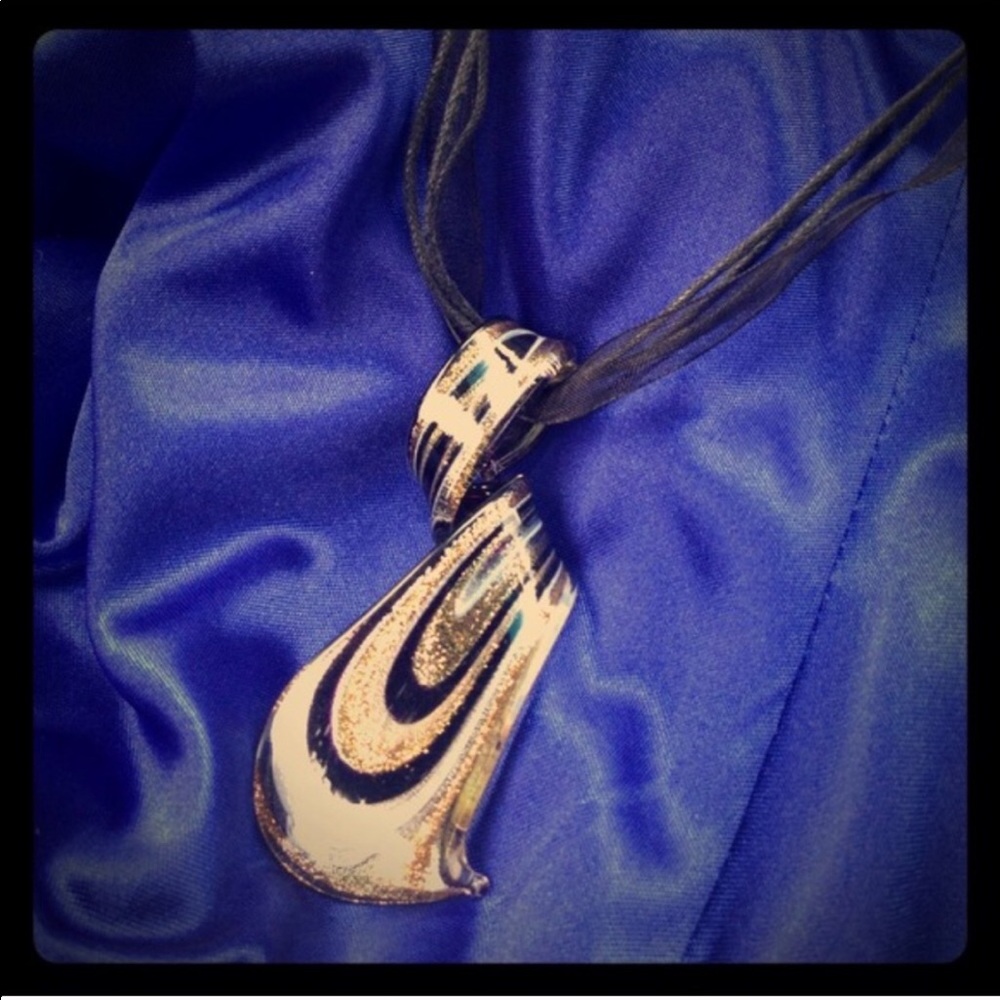 Glass Statement Pendant Necklace Black Sheer Ribbon Cord Blown Glass Adjustable - Picture 2 of 6